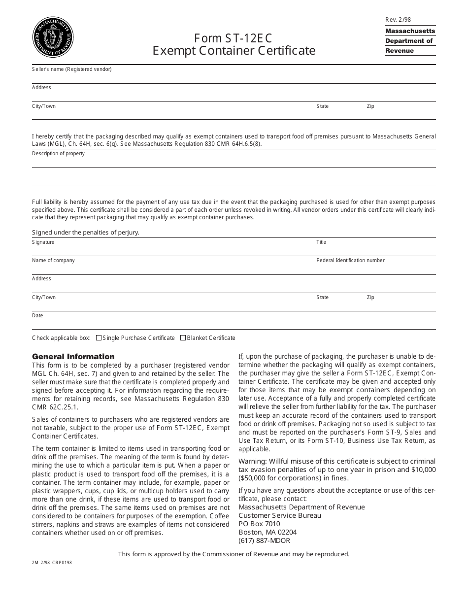 Form ST-12EC Exempt Container Certificate - Massachusetts, Page 1