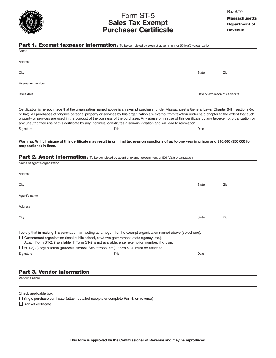 Form ST-5 Sales Tax Exempt Purchaser Certificate - Massachusetts, Page 1