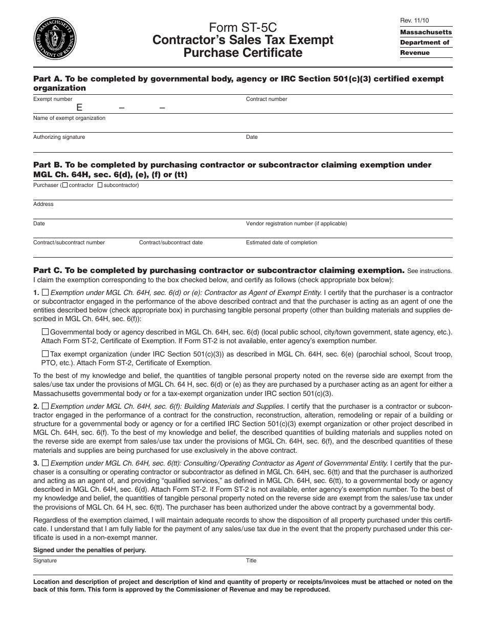 Form ST-5C Contractor's Sales Tax Exempt Purchase Certificate - Massachusetts, Page 1