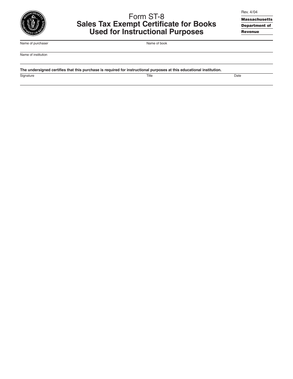 Form ST-8 Sales Tax Exempt Certificate for Books Used for Instructional Purposes - Massachusetts, Page 1