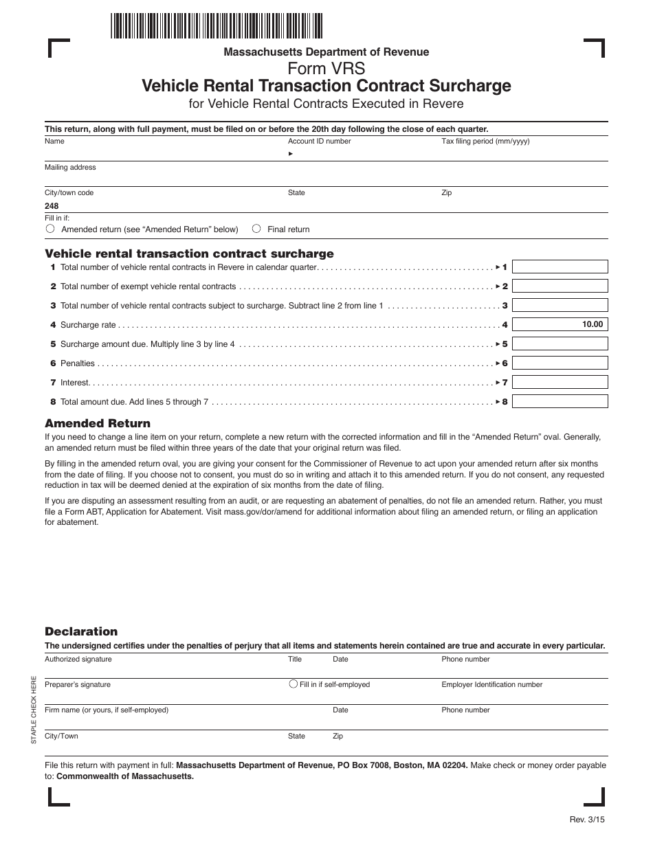 Form VRS Vehicle Rental Transaction Contract Surcharge - Massachusetts, Page 1