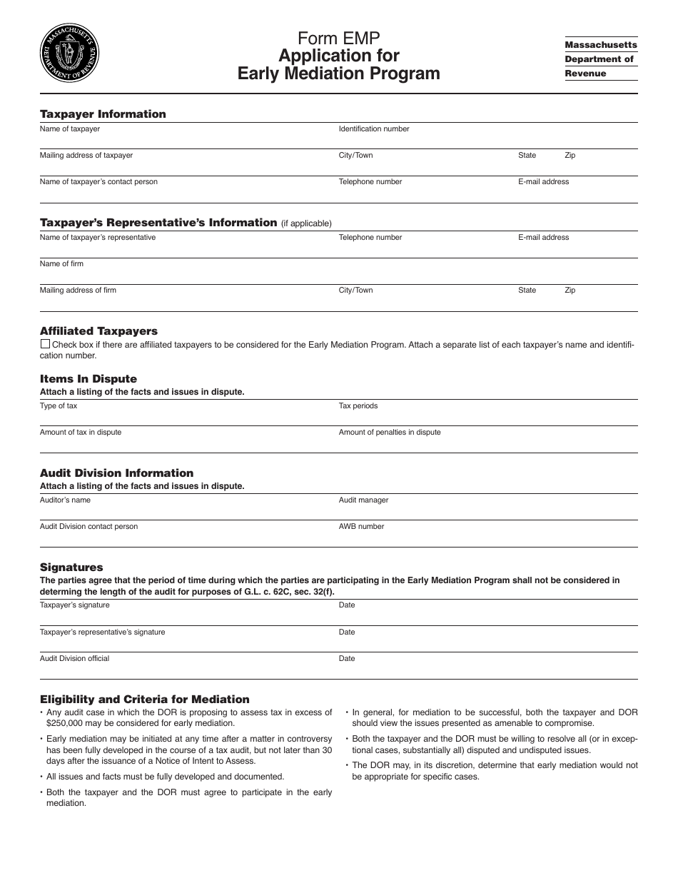 Form EMP Application for Early Mediation Program - Massachusetts, Page 1