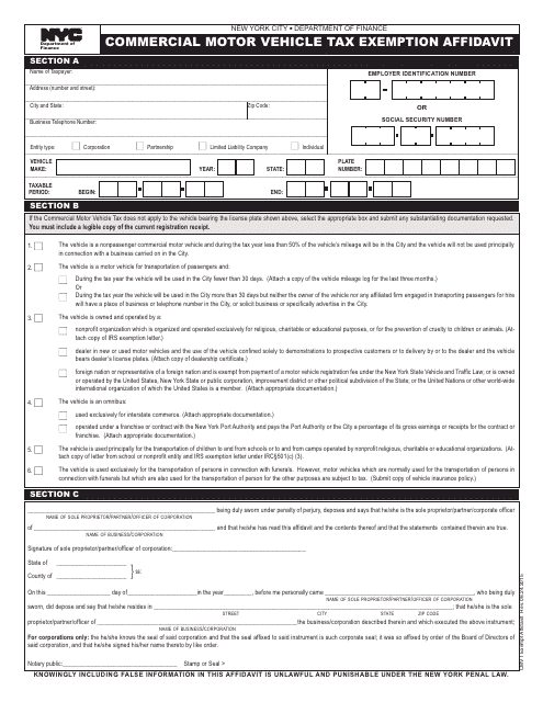 Commercial Motor Vehicle Tax Exemption Affidavit Form - New York City