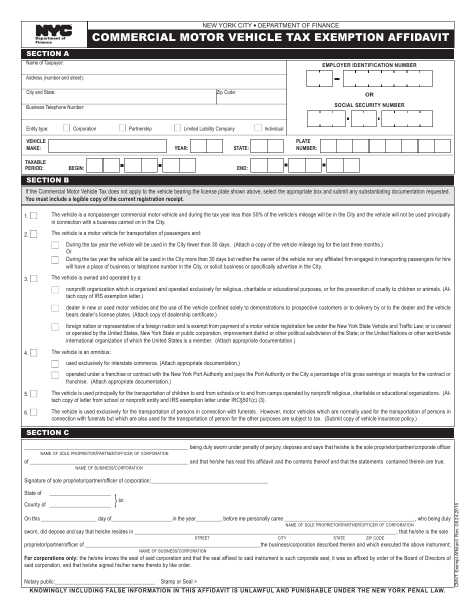Commercial Motor Vehicle Tax Exemption Affidavit Form - New York City, Page 1