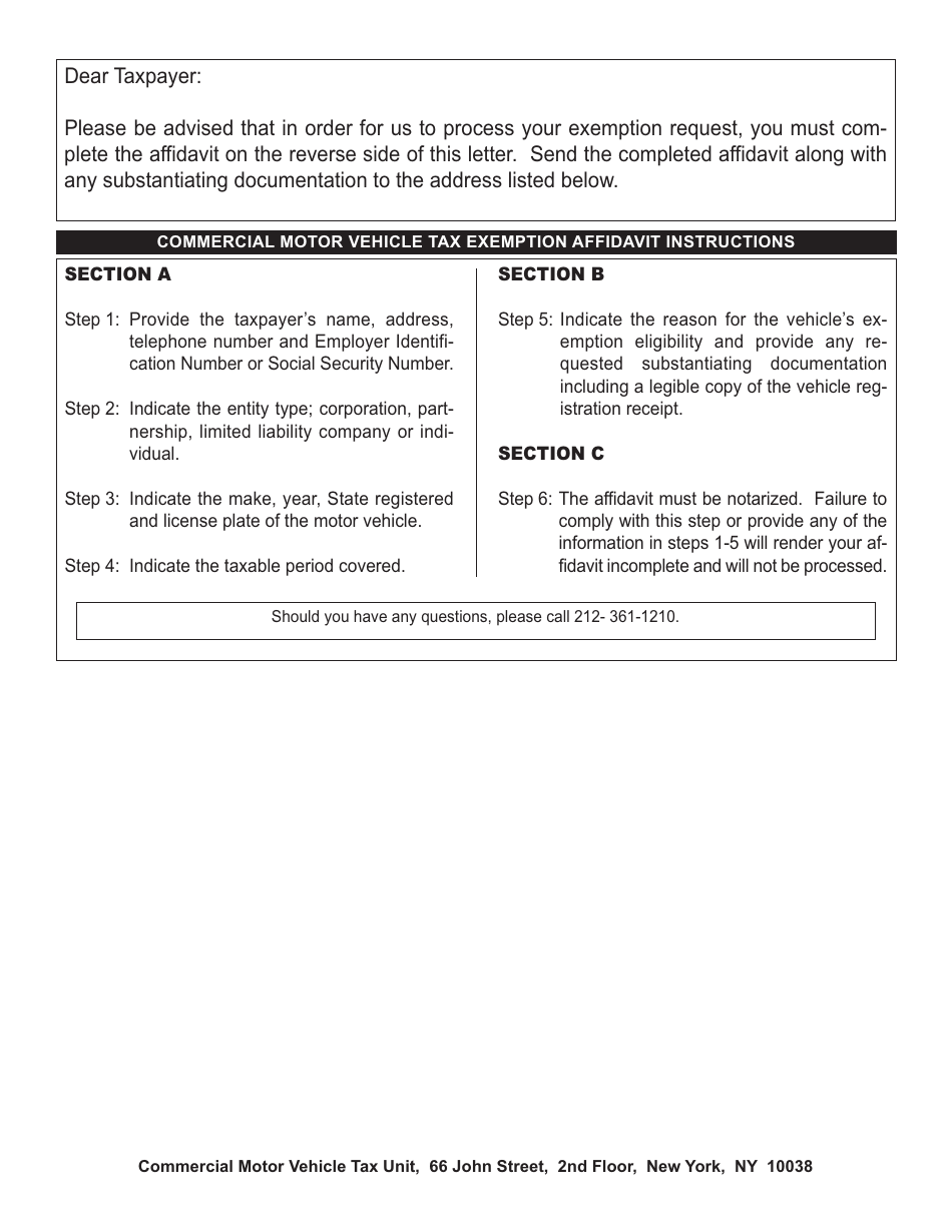 Commercial Motor Vehicle Tax Exemption Affidavit Form - New York City, Page 2