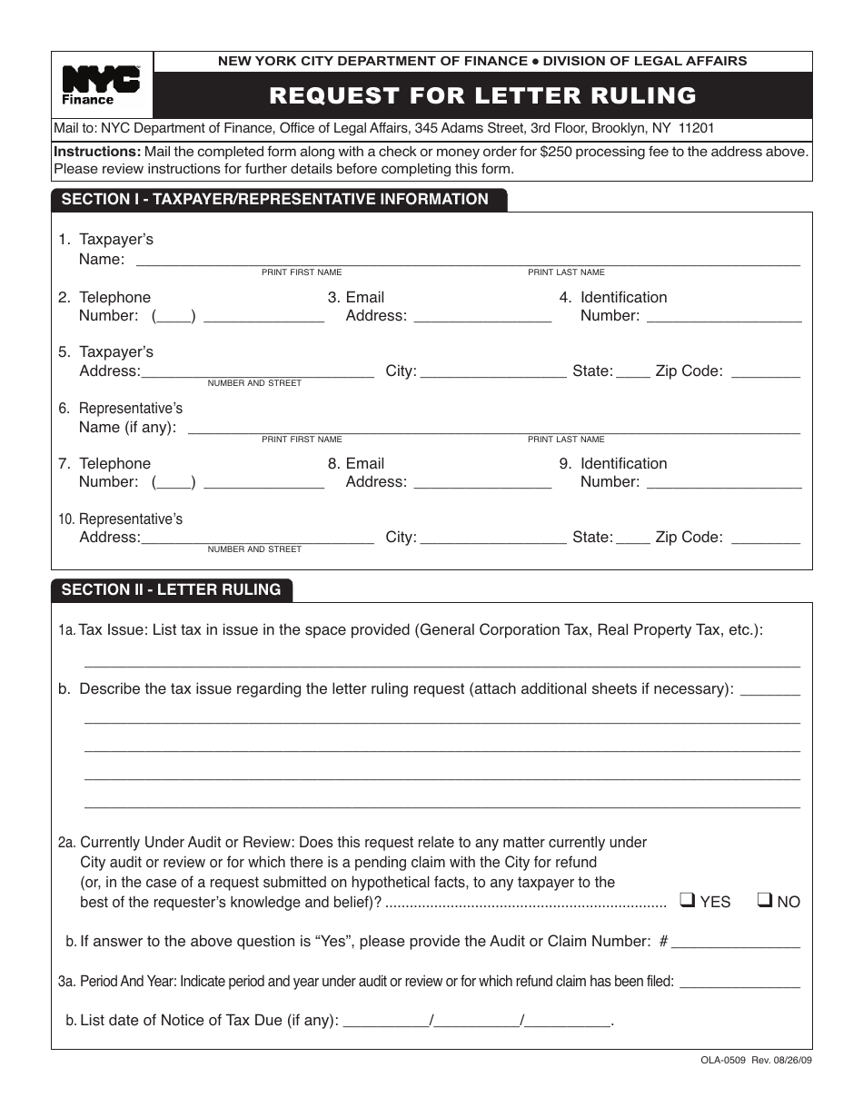 Form OLA-0509 Request for Letter Ruling - New York City, Page 1
