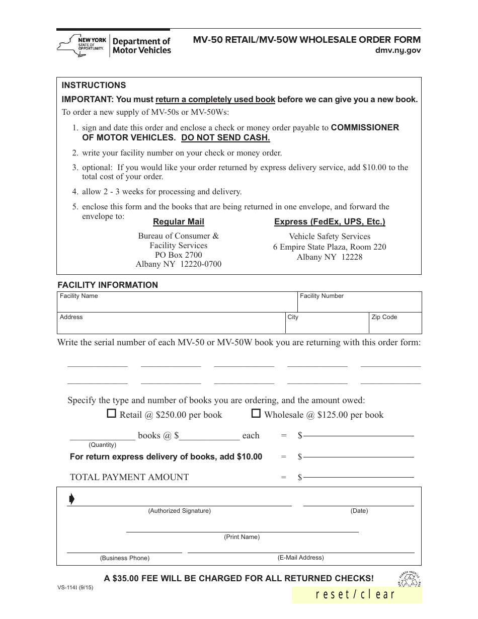Form VS-114I Mv-50 Retail / Mv-50w Wholesale Order Form - New York, Page 1