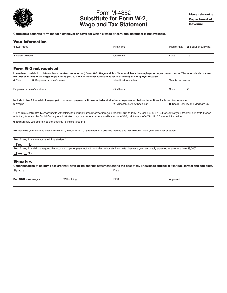 Form M-4852 Substitute for Form W-2 - Wage and Tax Statement - Massachusetts, Page 1