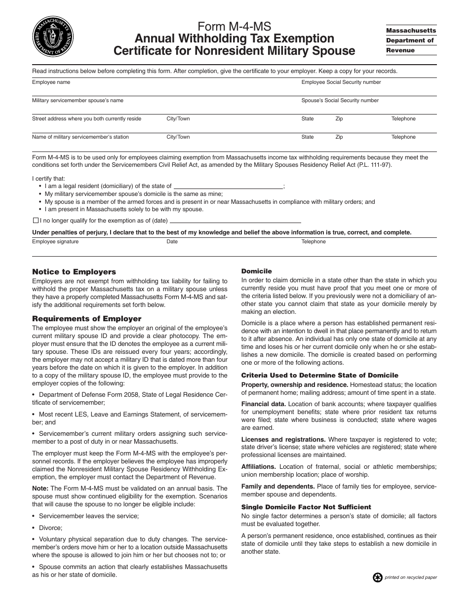 Form M-4-MS Annual Withholding Tax Exemption Certificate for Nonresident Military Spouse - Massachusetts, Page 1