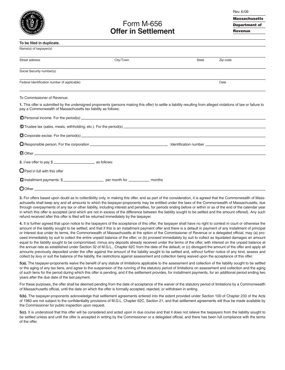 Form M-656 Offer in Settlement - Massachusetts, Page 1