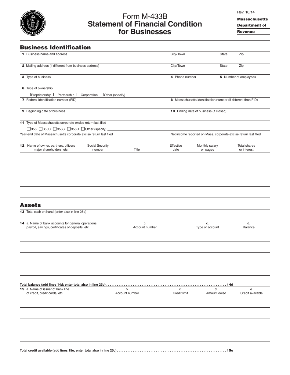 Form M-433B Statement of Financial Condition for Businesses - Massachusetts, Page 1