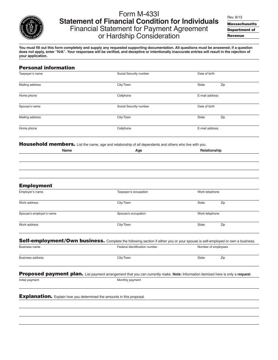 Form M-433I Statement of Financial Condition for Individuals - Massachusetts, Page 1