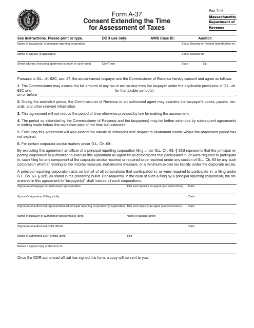 Form A-37 Consent Extending the Time for Assessment of Taxes - Massachusetts