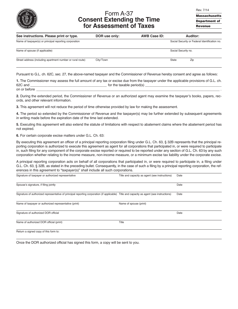 Form A-37 Consent Extending the Time for Assessment of Taxes - Massachusetts, Page 1