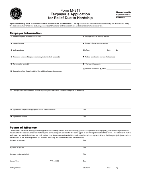Form M-911 Taxpayer's Application for Relief Due to Hardship - Massachusetts