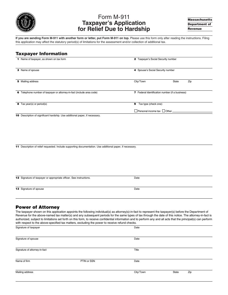 Form M-911 Taxpayers Application for Relief Due to Hardship - Massachusetts, Page 1