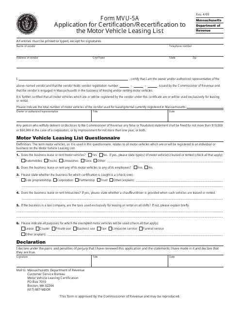 Form MVU-5A Application for Certification/Recertification to the Motor Vehicle Leasing List - Massachusetts