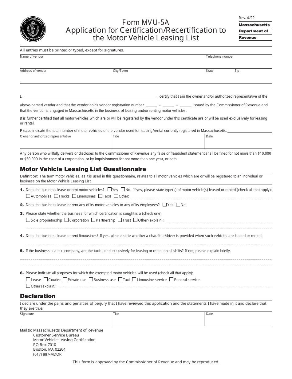 Form MVU-5A Application for Certification / Recertification to the Motor Vehicle Leasing List - Massachusetts, Page 1