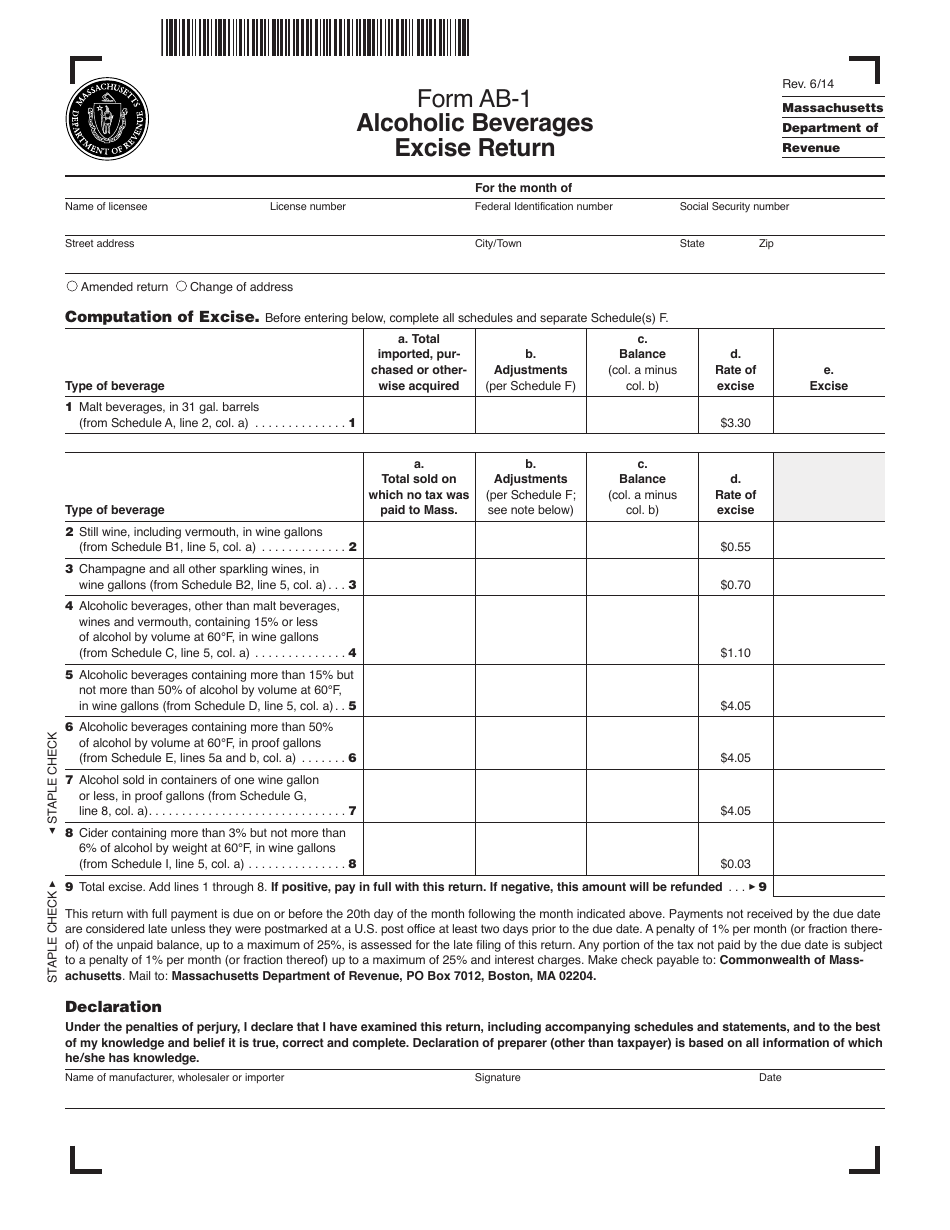 Form AB-1 Alcoholic Beverages Excise Return - Massachusetts, Page 1