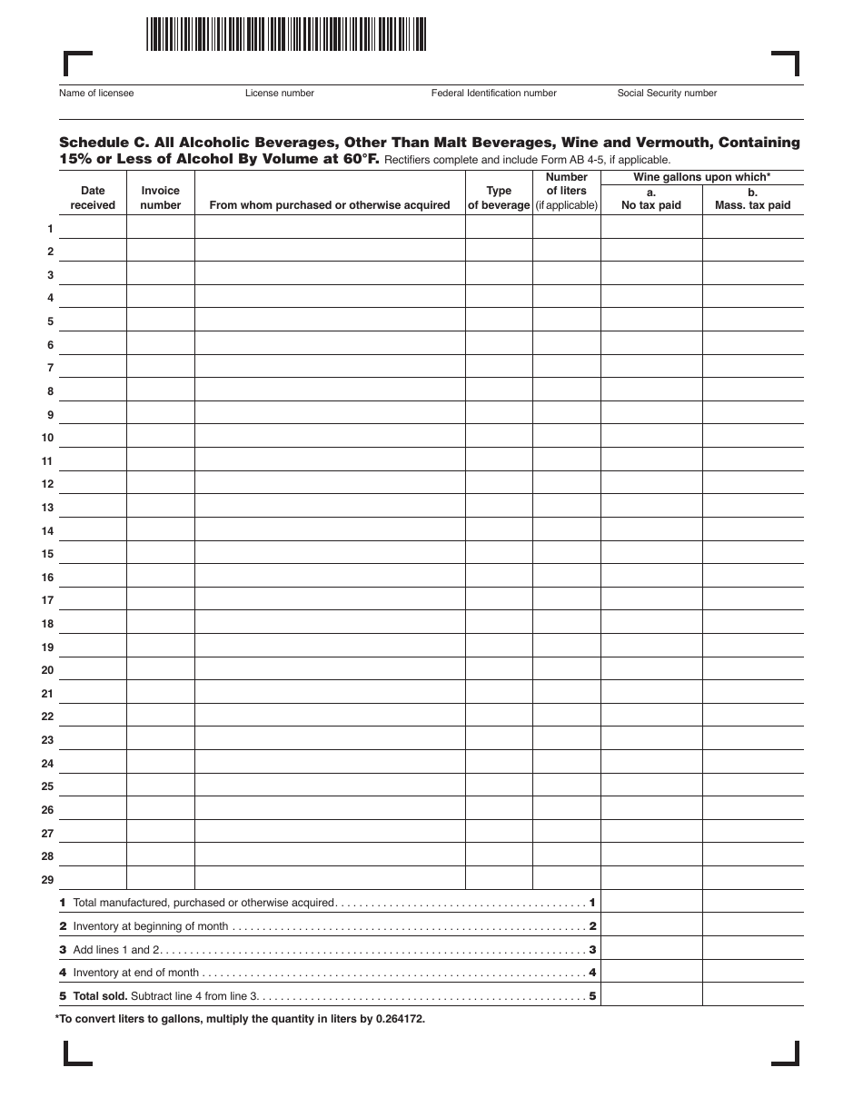 Form AB-1 Alcoholic Beverages Excise Return - Massachusetts, Page 5