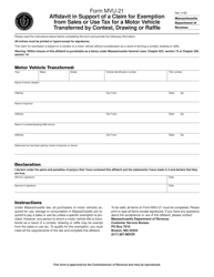 Document preview: Form MVU-21 Affidavit in Support of a Claim for Exemption From Sales or Use Tax for a Motor Vehicle Transferred by Contest, Drawing or Raffle - Massachusetts
