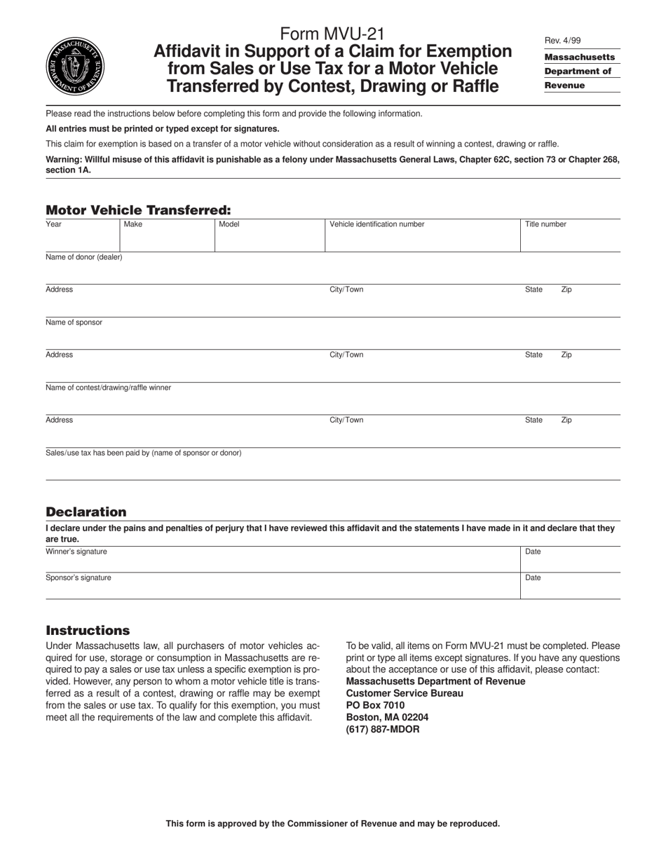 Form MVU-21 - Fill Out, Sign Online and Download Printable PDF ...