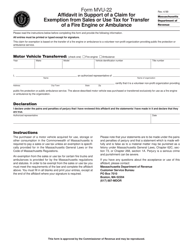 Form MVU-22 &quot;Affidavit in Support of a Claim for Exemption From Sales or Use Tax for Transfer of a Fire Engine or Ambulance&quot; - Massachusetts