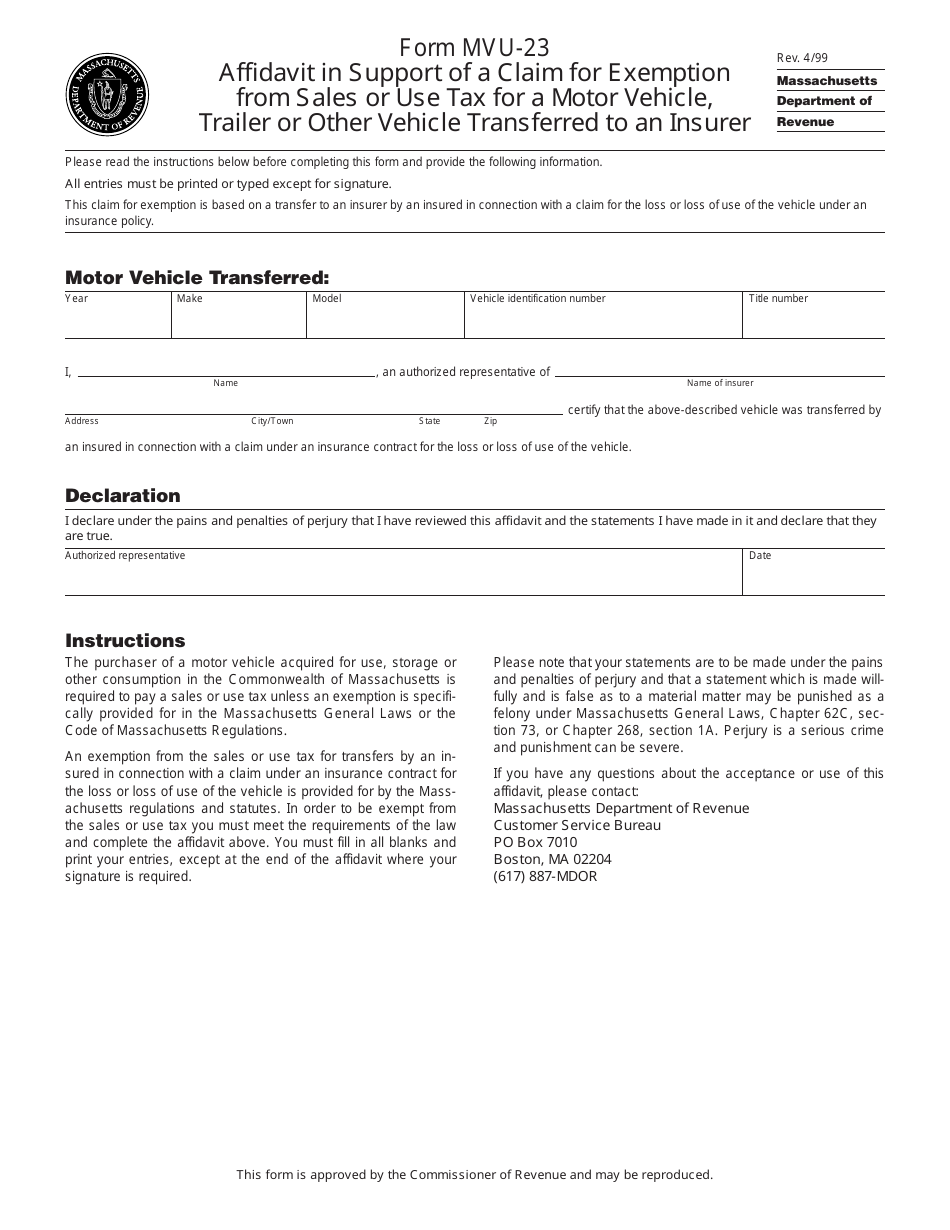 Form MVU-23 Affidavit in Support of a Claim for Exemption From Sales or Use Tax for a Motor Vehicle, Trailer or Other Vehicle Transferred to an Insurer - Massachusetts, Page 1