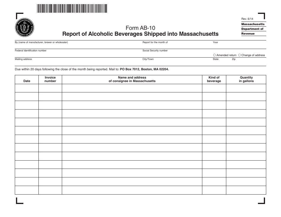 Form AB-10 Report of Alcoholic Beverages Shipped Into Massachusetts - Massachusetts, Page 1