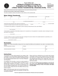 Document preview: Form MVU-25 Affidavit in Support of a Claim for Exemption From Sales or Use Tax for a Motor Vehicle Transferred by a Business Entity - Massachusetts