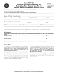 Document preview: Form MVU-26 Affidavit in Support of a Claim for Exemption From Sales or Use Tax for a Motor Vehicle Transferred Within a Family - Massachusetts