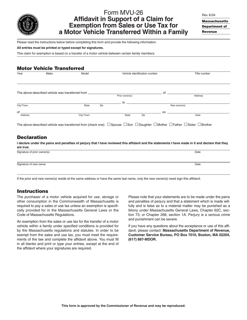 Form MVU 26 Download Printable PDF Or Fill Online Affidavit In Support 