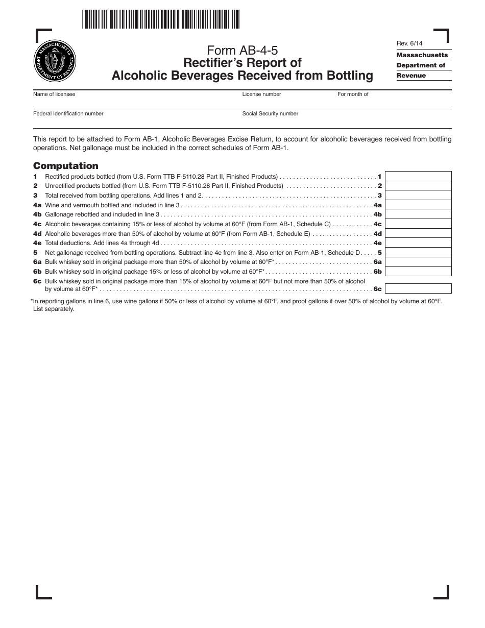 Form AB-4-5 Rectifiers Report of Alcoholic Beverages Received From Bottling - Massachusetts, Page 1