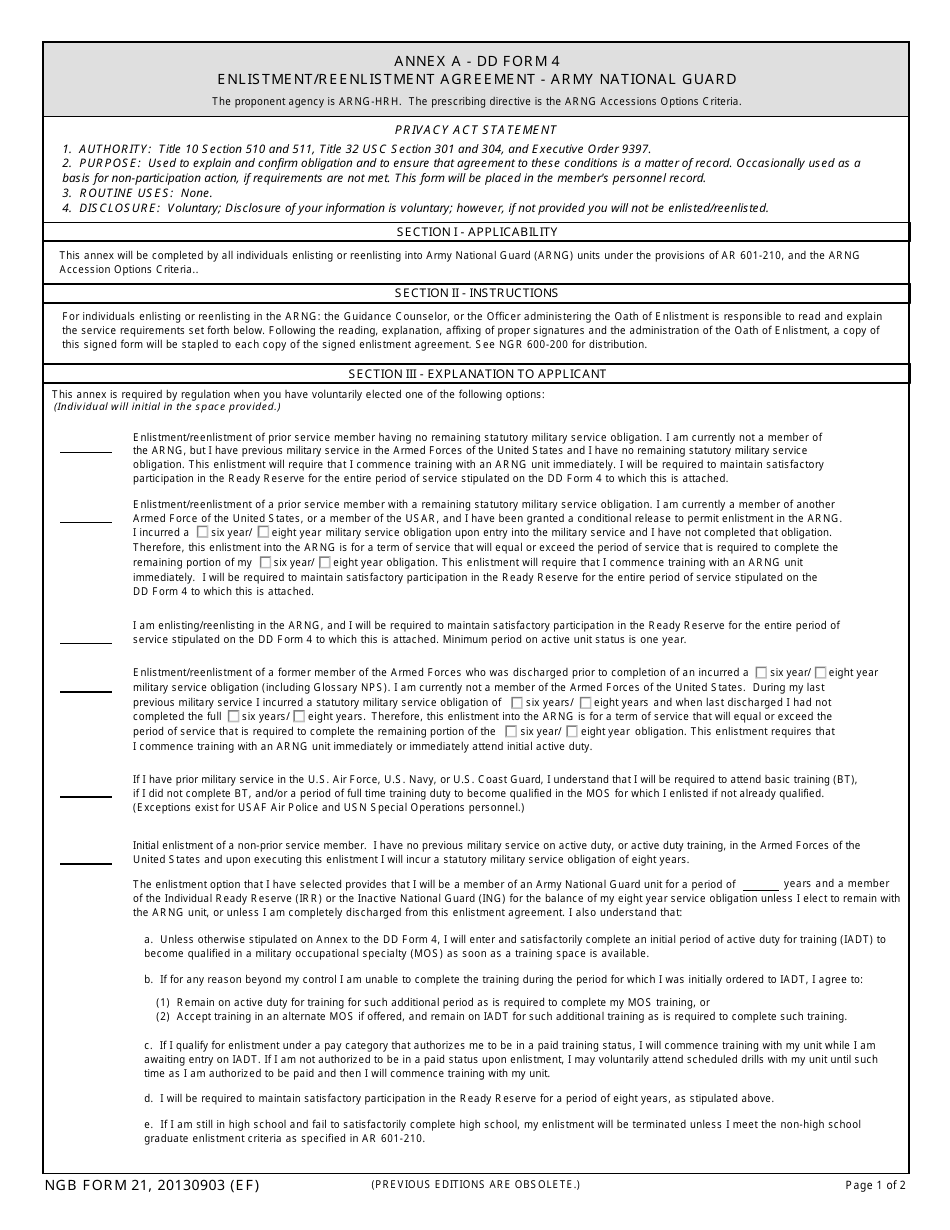 NGB Form 21 (DD Form 4) Annex A Enlistment / Reenlistment Agreement - Army National Guard, Page 1