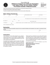 Form MVU-29 Affidavit in Support of a Claim for Exemption From Sales or Use Tax for a Motor Vehicle Purchased Outside of Massachusetts - Massachusetts