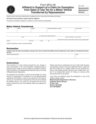 Document preview: Form MVU-30 Affidavit in Support of a Claim for Exemption From Sales or Use Tax for a Motor Vehicle Transferred by Repossession - Massachusetts