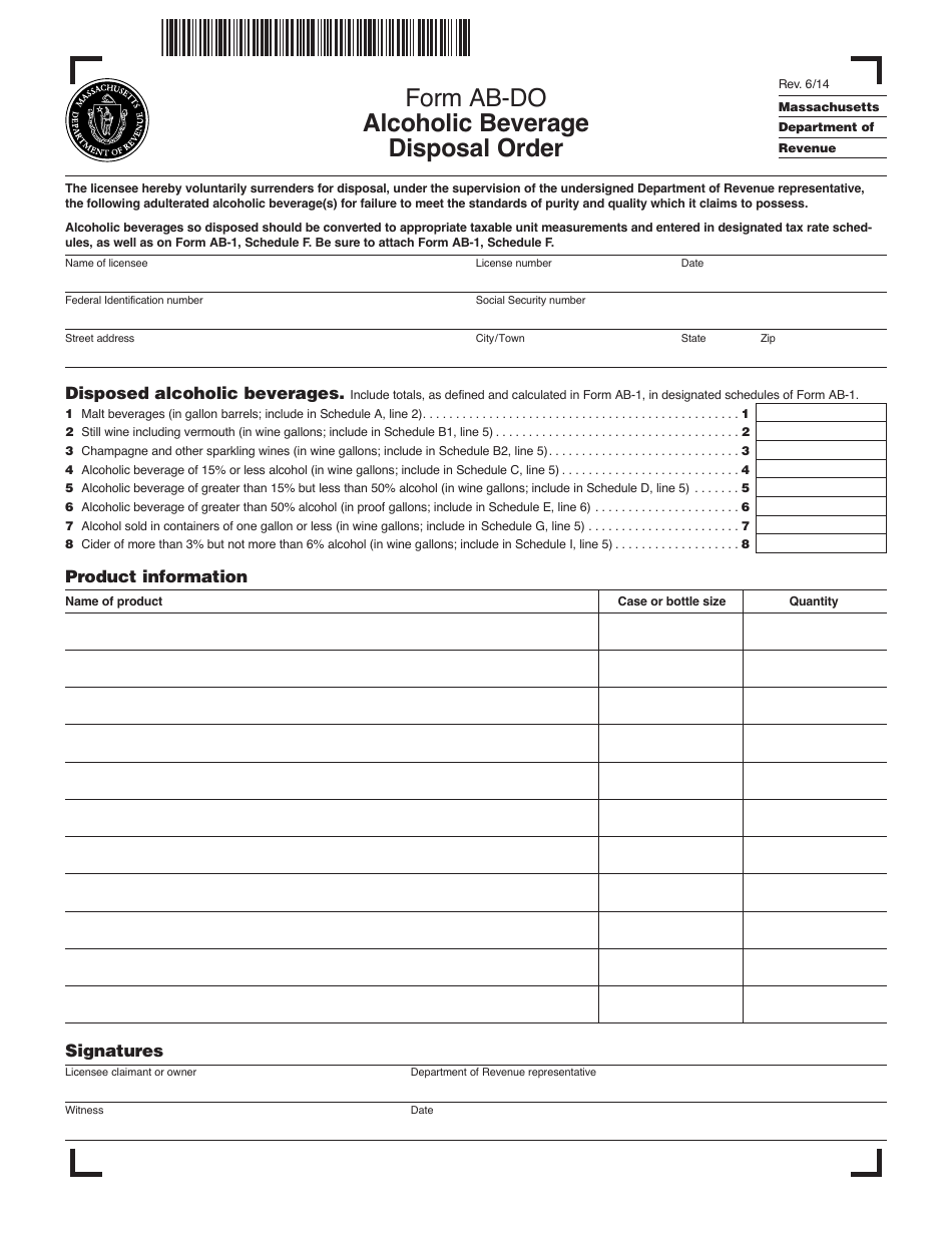 Form AB-DO Alcoholic Beverage Disposal Order - Massachusetts, Page 1
