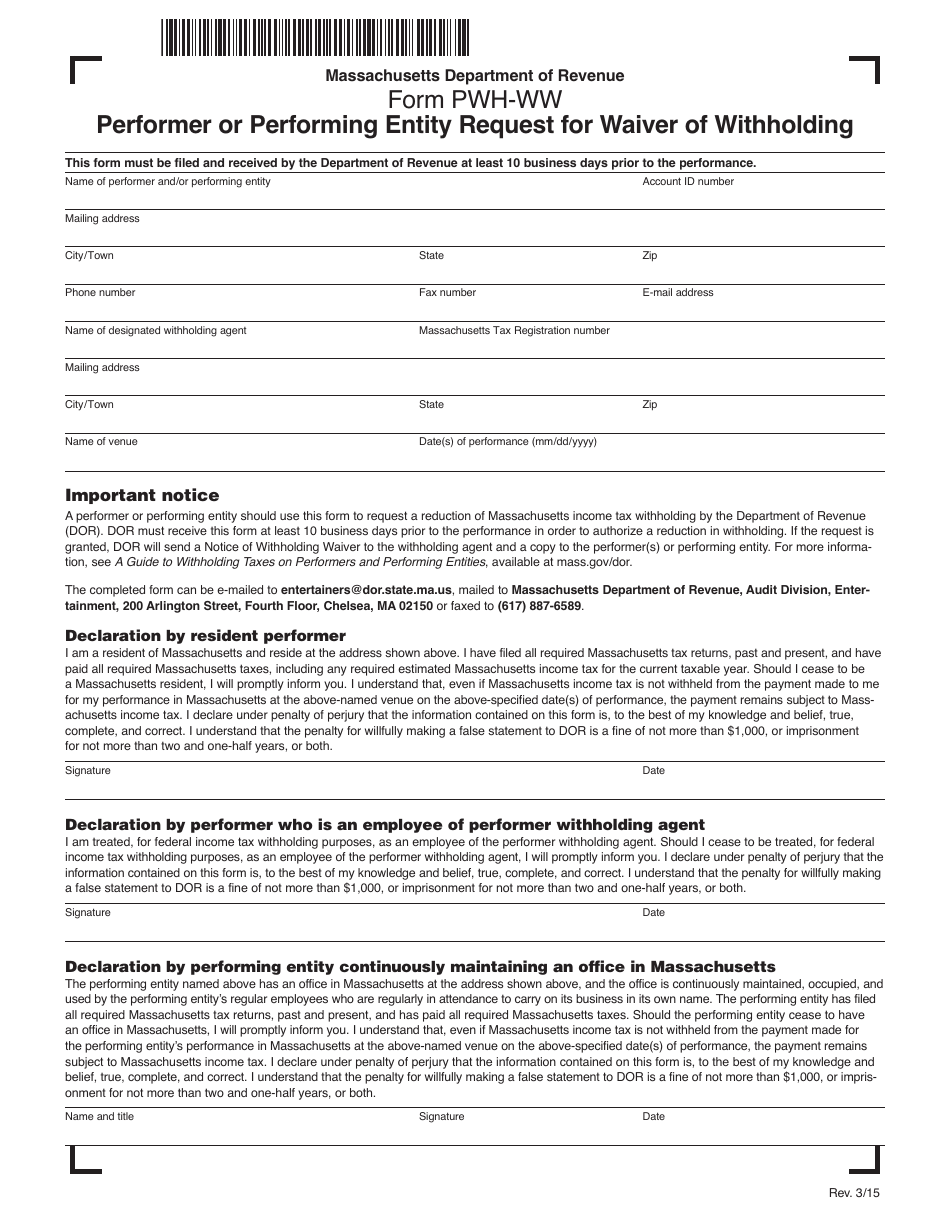 Form PWH-WW Performer or Performing Entity Request for Waiver of Withholding - Massachusetts, Page 1