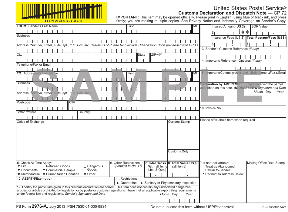 PS Form 2976-A Customs Declaration and Dispatch Note - Sample, Page 5