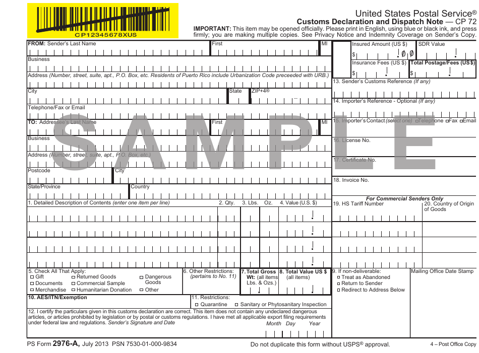 PS Form 2976-A Customs Declaration and Dispatch Note - Sample, Page 6