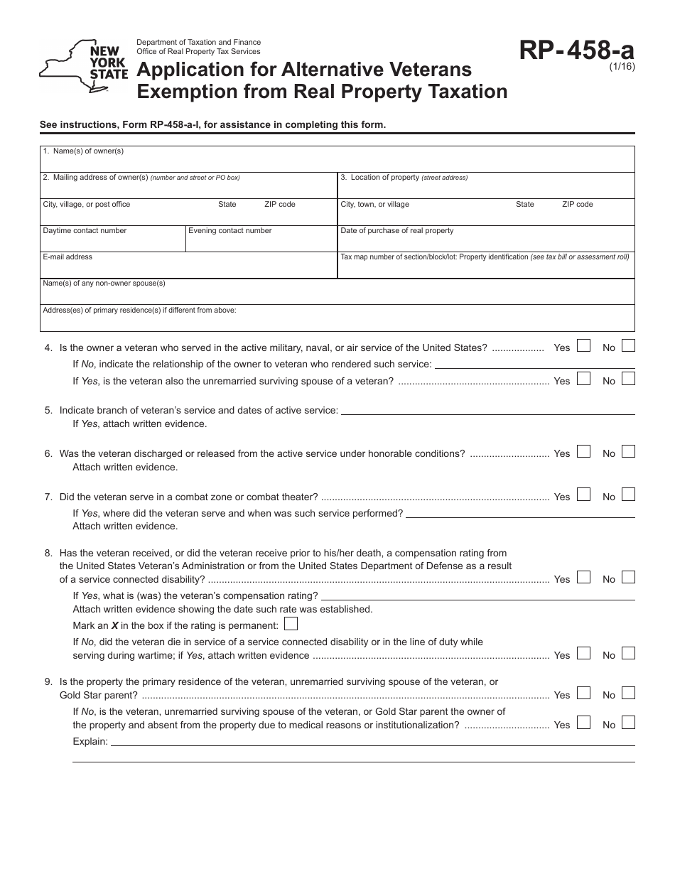 Form RP-458-a Application for Alternative Veterans Exemption From Real Property Taxation - New York, Page 1