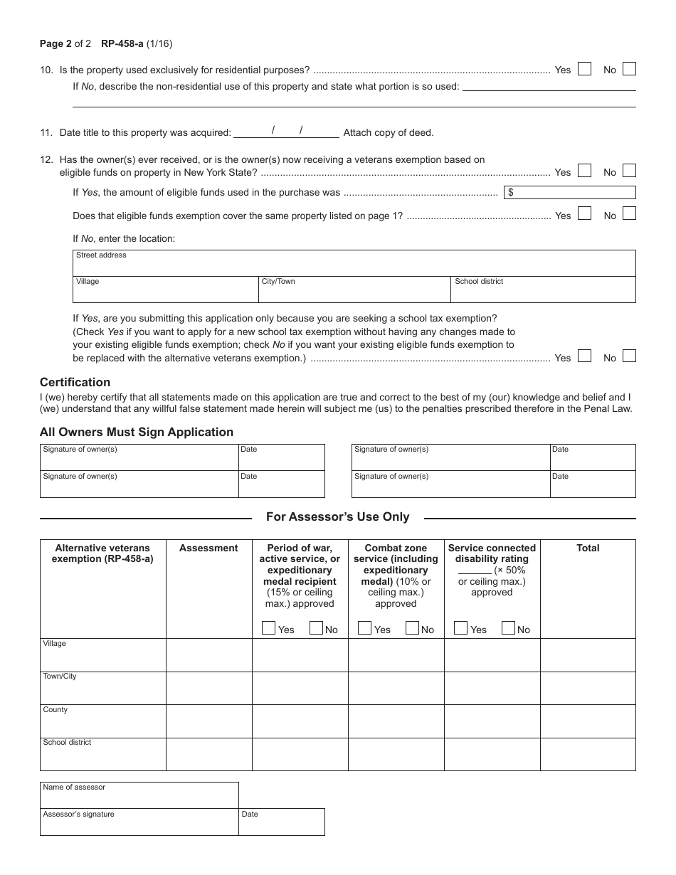 Form RP-458-a Application for Alternative Veterans Exemption From Real Property Taxation - New York, Page 2