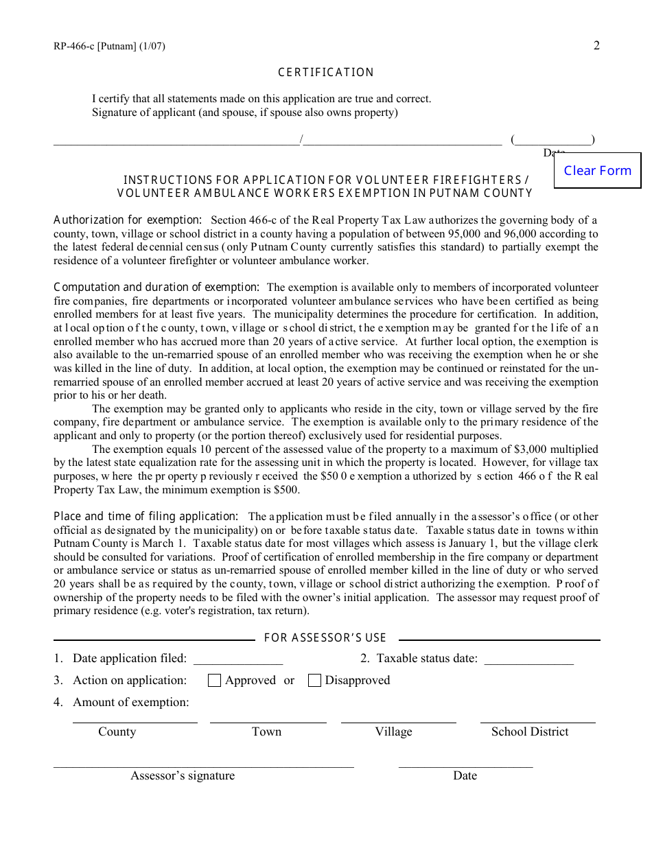Form RP-466-C [PUTNAM] Application for Volunteer Firefighters / Volunteer Ambulance Workers Exemption (For Use in Putnam County Only) - New York, Page 2