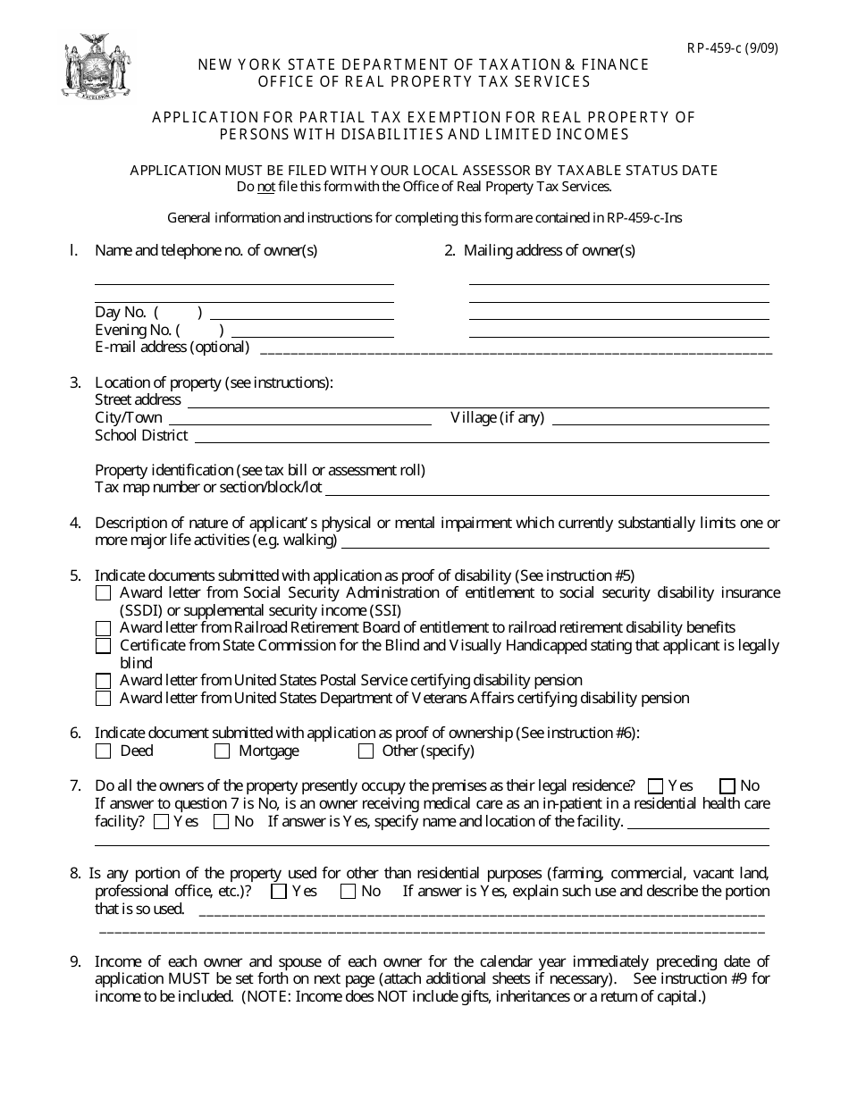 Form RP-459-C Application for Partial Tax Exemption for Real Property of Persons With Disabilities and Limited Incomes - New York, Page 1