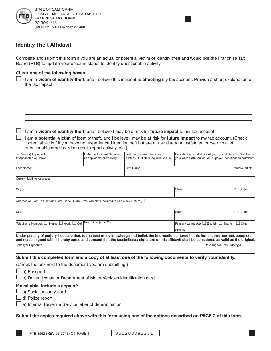 Form FTB3552 Identity Theft Affidavit - California, Page 1