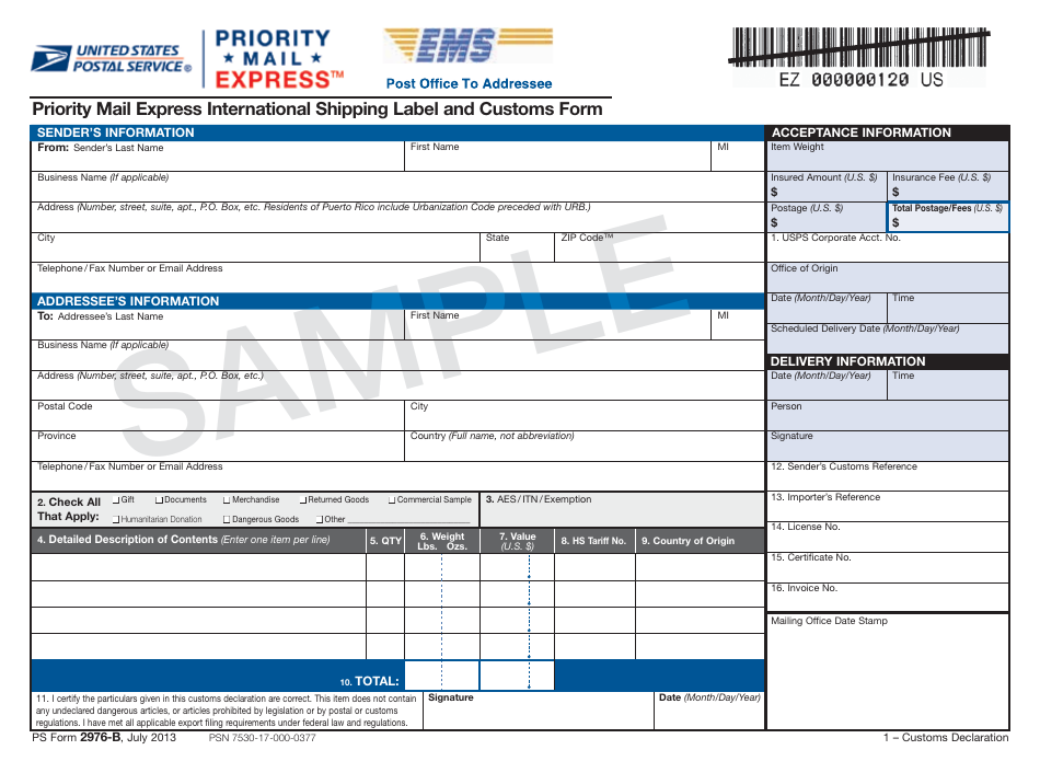 PS Form 2976-B Priority Mail Express International Shipping Label and Customs Form - Sample, Page 2