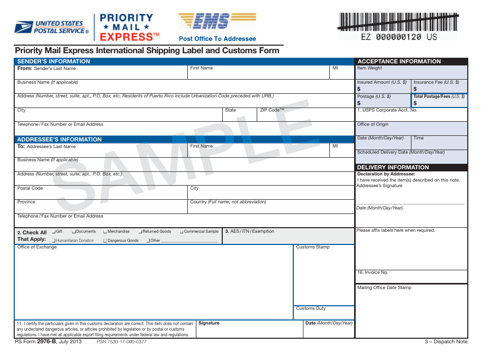 PS Form 2976-B Priority Mail Express International Shipping Label and Customs Form - Sample, Page 4