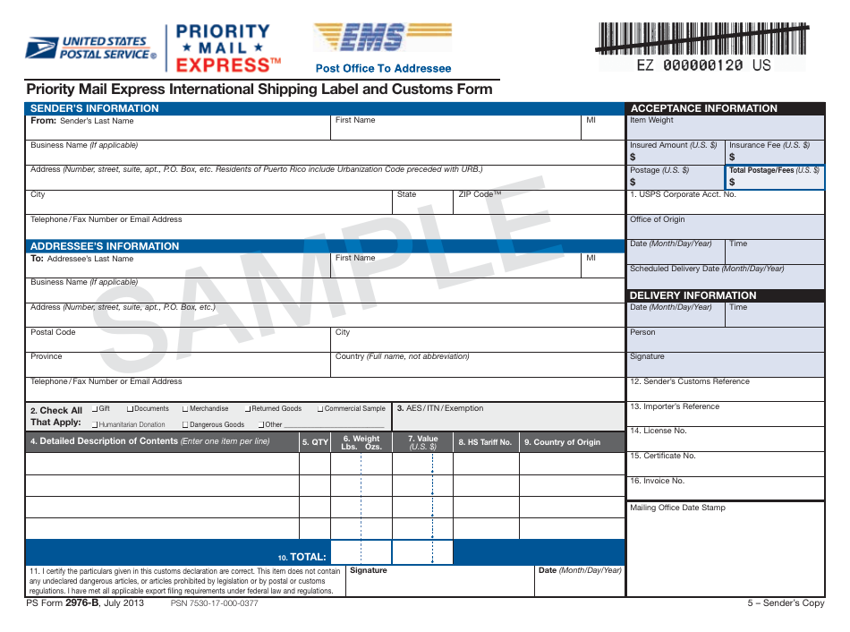 PS Form 2976-B Priority Mail Express International Shipping Label and Customs Form - Sample, Page 6