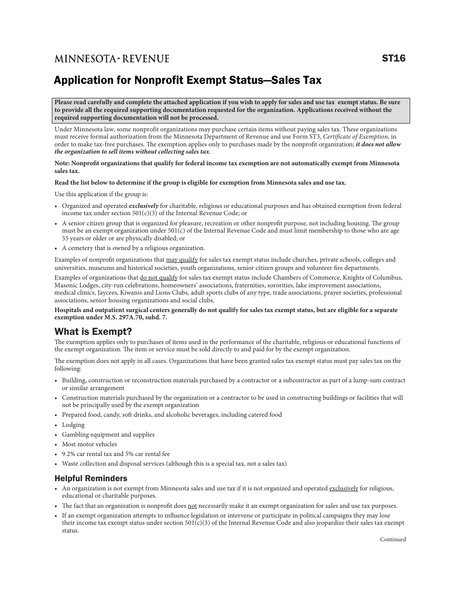 Form ST16 Application for Nonprofit Exempt Status - Sales Tax - Minnesota, Page 1