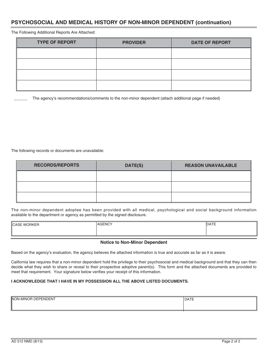Form AD512 NMD Psychosocial and Medical History of Non-minor Dependent - California, Page 2